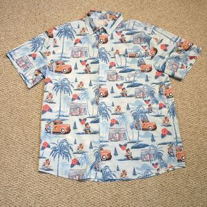 Bucees Button Up Hawaiian Shirt Mens XL Blue Beaver Palm Tree Surf Board
